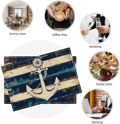Nautical Placemats Set of 6, Coastal Anchor Place Mats, Rustic Beach Navy Blue Waterproof Washable Table Mats for Home Party Indoor Kitchen Dining Table Decoration 12x18 Inch