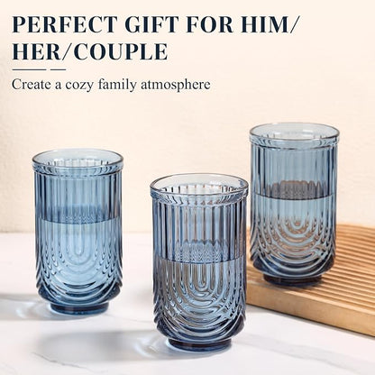 Blue Vintage Drinking Glasses Set of 6-17oz Hand-Blown Highball Ribbed Glassware - Image 5