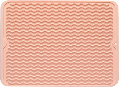 Silicone Dish Drying Mat for Multiple Usage,Easy clean,Eco-friendly,Heat-resistant Silicone Mat for Kitchen Counter or Sink,Refrigerator or drawer liner Pink L 16 inches x 12 inches