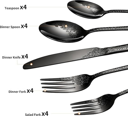 20 Pcs Black Silverware Set for 4, Food Grade Stainless Steel Flatware Set - Image 3