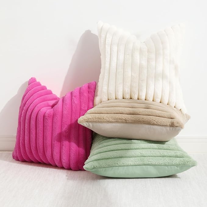decorUhome Cozy Faux Fur Throw Pillow Covers 24x24 Set of 2 Decorative Soft Plush Striped Modern Farmhouse Boho Couch Euro Sham Pillow Cases with Velvet Back for Sofa Bed Living Room, Sage Green
