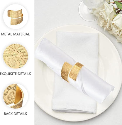 Napkin Rings Set of 12, Irregular-Shaped Metal Napkin Holders with Rose Patterns for Wedding Dining, Holiday Table Decor, Perfect for Home Chefs & Party Planners（Gold）