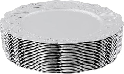 Charger Plates, 100pcs Silver 13inch Plastic Dinner Plate, Round Plastic Dinner Plate with Delicate Texture for Parties Wedding (Silver)
