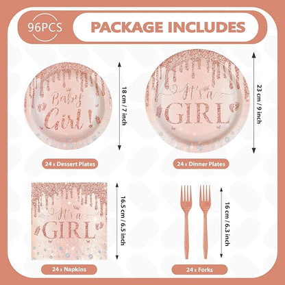 96 Pcs It's a Girl Baby Shower Party Decorations, Serves 24 | Diamond Rose Gold - Image 5