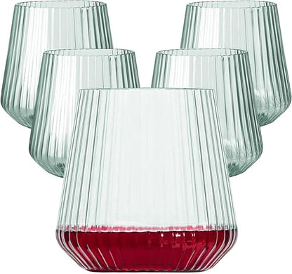 40 Pack Plastic Ribbed Wine Glasses, 14Oz Origami Disposable Wine Glasses Unbreakable Clear Plastic Cocktail Glasses Recyclable Shatterproof Reusable Wine Cups (14oz-green-40pack)