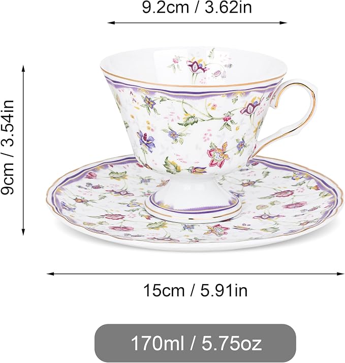 fanquare 5 Ounces Purple Floral Vines Porcelain Tea Cup and Saucer | Country - Image 7