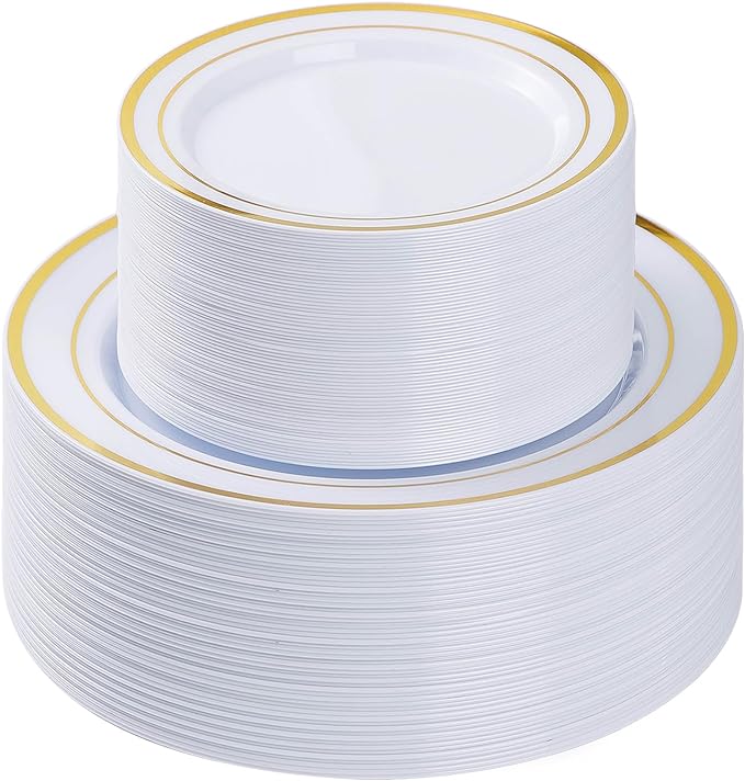 BESTVIP 100PCS Gold Plastic Plate, Disposable Party Plates with 50 Dinner Plates and 50 Dessert Plates, Plastic Plate for Parties, Wedding and Birthday