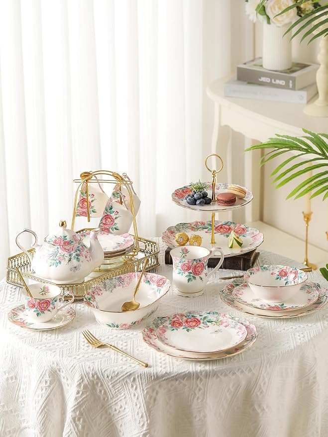 15 Piece British Bone China Tea Cup Sets, Elegant red Rose Pattern, Cups and - Image 9