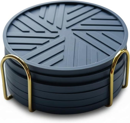 Silicone Coasters for Drinks Set of 6 & Gold Holder with Smart and Modern Groove Patterns - protecs Your Coffee Table from Condensation Mugs, Cups, Home Office bar Decor - Blue Gray