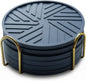 Silicone Coasters for Drinks Set of 6 & Gold Holder with Smart and Modern Groove Patterns - protecs Your Coffee Table from Condensation Mugs, Cups, Home Office bar Decor - Blue Gray