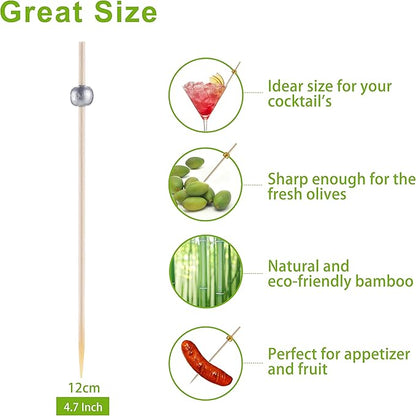 200 Pcs Cocktail Picks, 4.7 Inch Toothpicks for Appetizers, Bamboo Cocktail Sticks Skewers for Drinks, Desserts, Charcuterie, Wedding Party Fancy Toothpicks, Silver Pearl Mini Food Picks Decorative