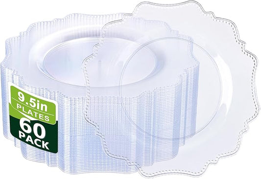 COLOSUS 60pcs Clear Plastic Party Dinner Plates - 9.5 Inch- Heavy Duty Disposable Plastic Dinner Plates for Party Thanksgiving and Everyday Use