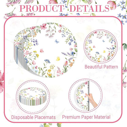50PCS Floral Disposable Paper Placemats Watercolor Butterfly & Floral Disposable Round Table Mats for Spring Weddings, Brunch & Garden Parties