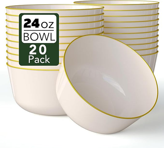 Trendables Disposable Bowls - Ivory Gold Rimmed Fancy Serving Bowls - Perfect for Ice Cream & Candy, Set of 20, 24 oz Each