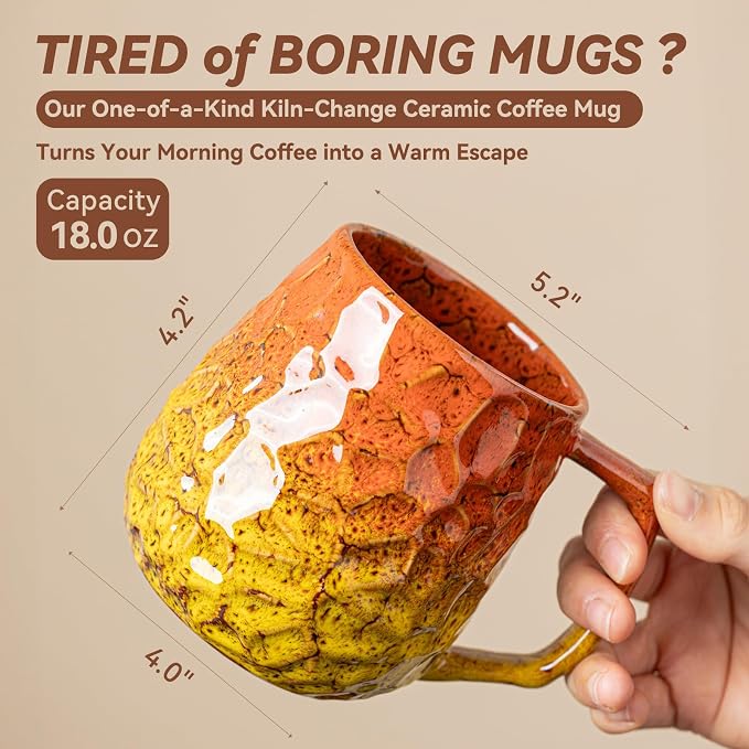 18oz Unique Orange & Yellow Kiln-Change Ceramic Coffee Mug, Handcrafted - Image 3