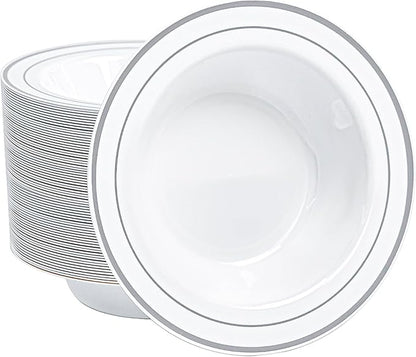 100 PCS Plastic Bowls with Silver Rim, 12oz Premium Heavy Duty Soup Bowls, Dessert and Salad Bowls for Party, Wedding and Holiday