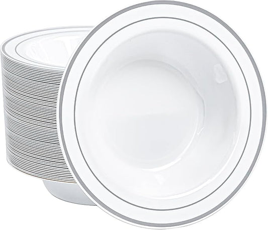 100 PCS Plastic Bowls with Silver Rim, 12oz Premium Heavy Duty Soup Bowls, Dessert and Salad Bowls for Party, Wedding and Holiday