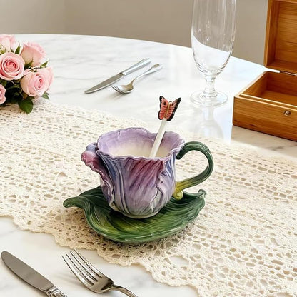 Ceramic Tea Cup and Saucer Set ，8OZ 3D Hand-Painted Flower Coffee Mug，Gift - Image 2
