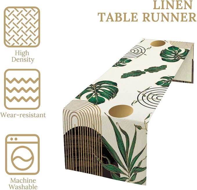 Abstract Emerald Green Table Runner Retro Boho Tropical Leaves Sun Geometric - Image 4