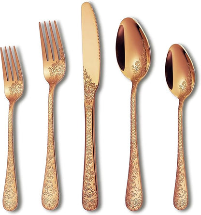 Runfly Modern Carved Floral Rose Gold Stainless Steel 20-Piece Flatware Set | by Runfly