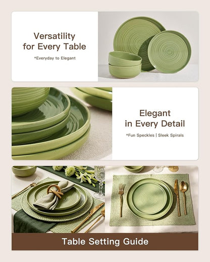 Dinnerware Sest for 8, Ceramic Plates & Bowls, Olive Green | 24-Piece Ceramic - Image 3