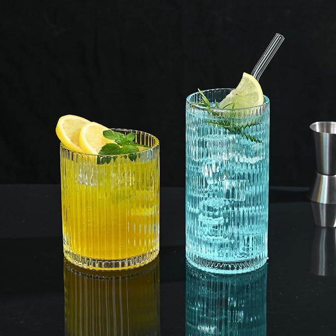 Set of 8 Vintage Ribbed Glassware, 4 Highball Glasses 12 oz, 4 Rocks Drinking - Image 6