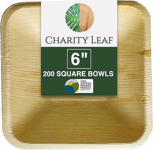 Charity Leaf Disposable Palm Leaf 6" Square Bowl (200 pcs) Dipping Bowls | Bamboo Like| All Natural and Biodegradable | Charcuterie Boards, BBQs, and Parties