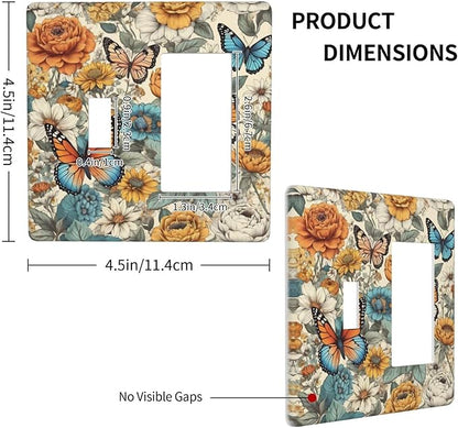 Light Switch Cover Vintage Colorful Floral Butterfly Flowers 2 Gang Toggle Rocker Combo Socket Cover Wall Plates Decorative Switch Plates and Outlet Covers for Bathroom Bedroom Decor