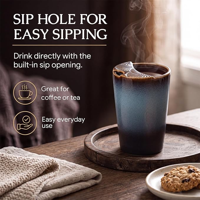 1 Pack Ceramic Coffee Mug with Sip Hole, 14.5 oz Handleless Tumbler Cup with 1 - Image 4