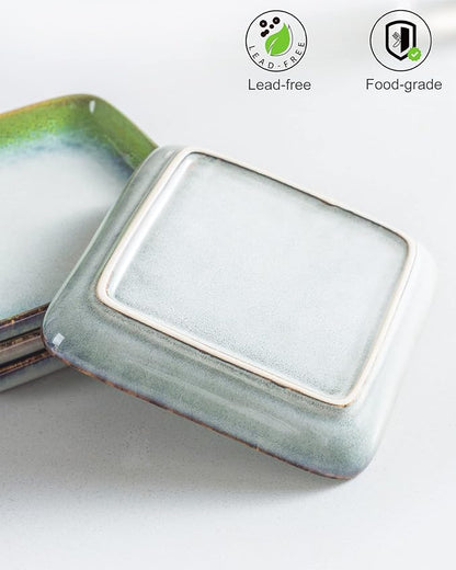 HENXFEN LEAD Small Square Ceramic Plates 6.3 Inch – Dessert, Appetizer & Snack Plates Microwave & Dishwasher Safe – Set of 4, Reactive Glaze Green