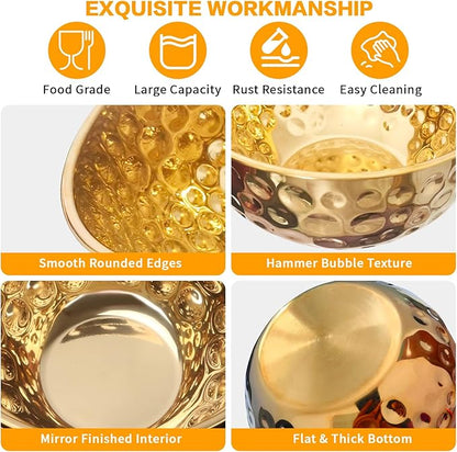 5-Piece Stainless Steel Mixing Bowls Set, Metal Hammered Gold Mixing Bowls for Kitchen, Cooking, Baking, Salad Prep, Food Storage, Reusable Nesting Design, 1.6-4.9 QT Capacity, Dishwasher Safe