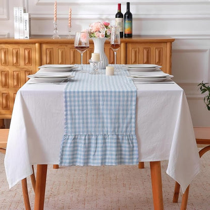 Light Blue White Plaid Gingham Ruffle Table Runner 120 inches Long 100% Washed by KMASANIJI