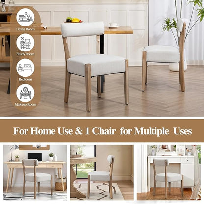 Dining Chairs,4 Pack Mid-Century Modern Wooden Kitchen Chairs with Linen Upholstery - Low-Back Woven Design for Kitchen & Dining Room,Beige Fabric