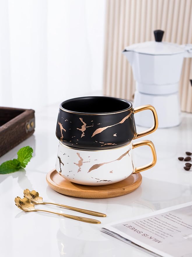 Jusalpha 2 Pack Golden Hand Print Black and White Teacup Coffee Cup - Image 9