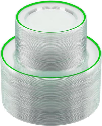 BESTSTAR 200PCS Green and Clear Plastic Plates, Green Disposable Plate Set with 100 Dinner Plates and 100 Dessert Plate for Party, St. Patrick's Day