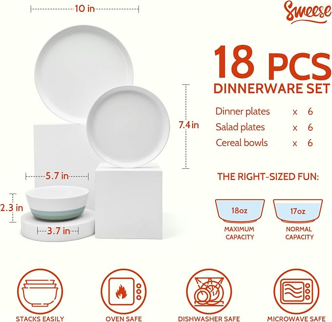 Sweese Plates and Bowls Sets, 18 Pieces Modern Porcelain Dinnerware Set - Image 2
