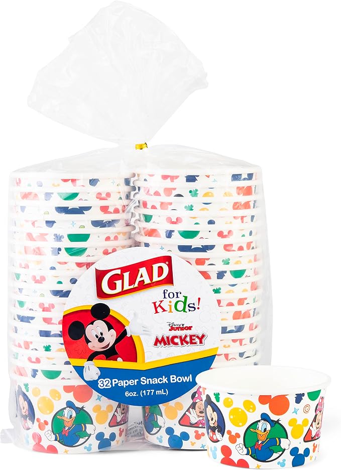 Glad Disney Mickey and Friends Disposable Snack Bowls, 6 Oz, soak-proof by GladTrashFoodStorage