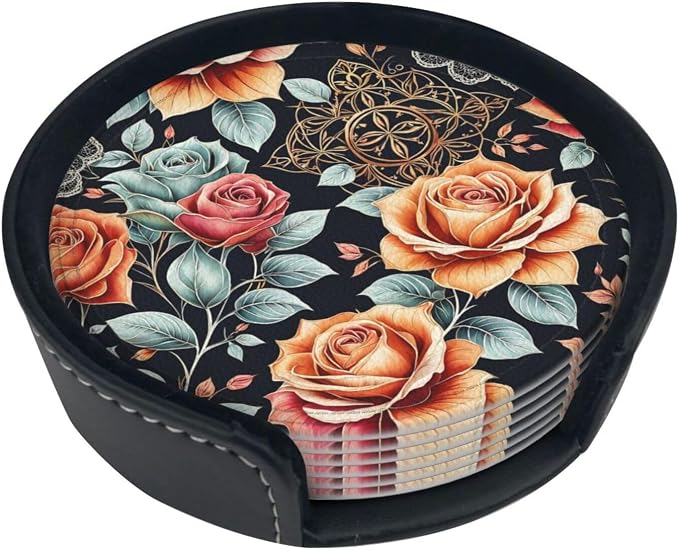 Drink Coasters with Holder Stand Set of 6, Roses Flower Vintage Pu Leather - Image 6