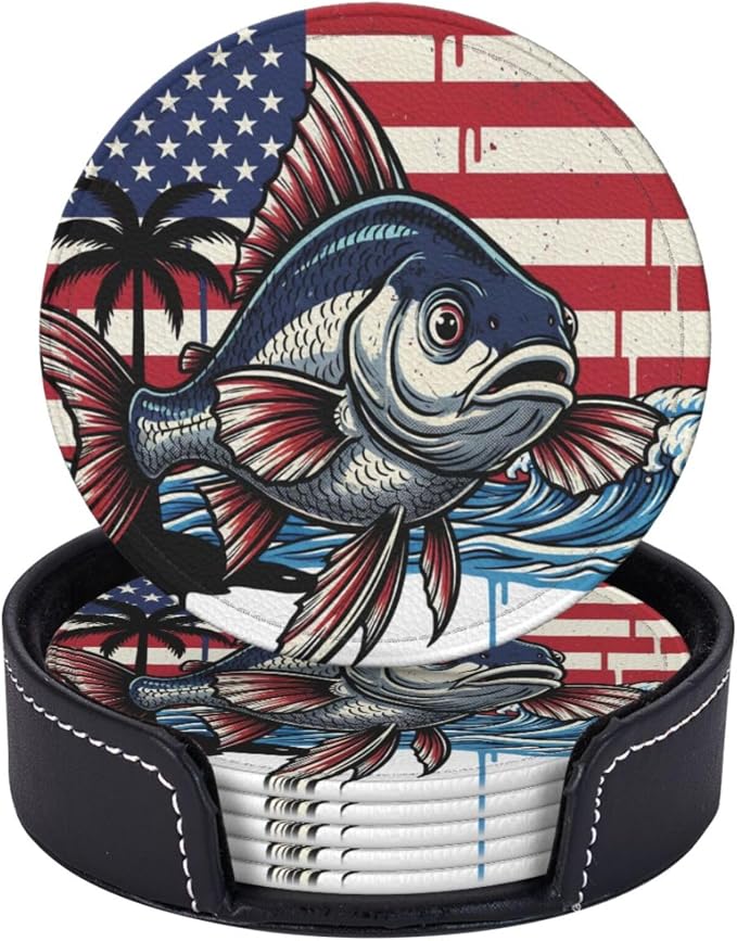 Patriotic Us Flag Fish Leather Coasters Set of 6 by NeuKim