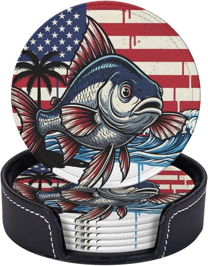 Patriotic Us Flag Fish Leather Coasters Set of 6 by NeuKim