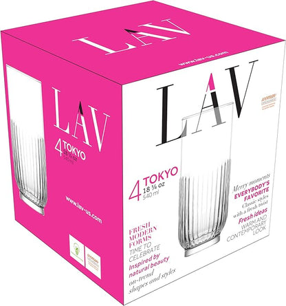 LAV Tokyo Durable 18.3 fl oz Beverage Glasses, Tall Cocktail, Highball Glass with Thin Rim for Bar, Restaurant, Home - Pack of 4