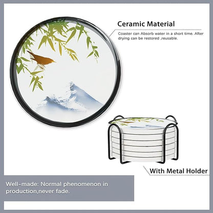 Drink Coasters Set of 6 with Holder,Japanese Cherry Blossom and Fujiyama Mountain Absorbent Ceramic Coasters with Cork Base,Fit All Cups,Tabletop Protection Mat for Mugs and Cups,Office,Kitchen