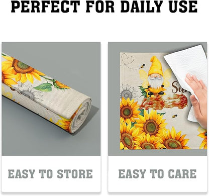 Giwawa Bee Gnomes Placemats Set of 4, 12x18 Inch Vintage Summer Sunflowers Linen Place Mat, Sunshine Floral Heat Resistant Washable Table Mats Kitchen Dining Seasonal Farmhouse Decor