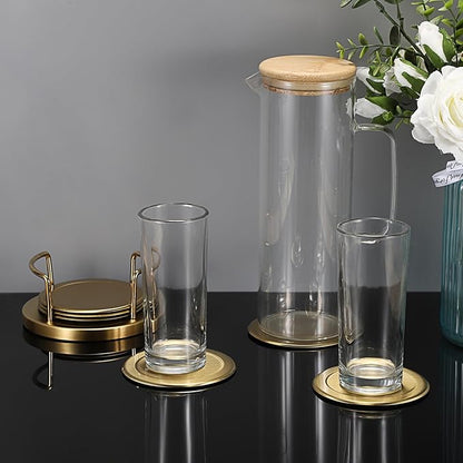 JUXYES Set of 6 Stainless Steel Round Coasters with Holder & Sponge Bottom, Golden Metal Cup Coasters Set Stunning Cool Coaster Cups Mats Decor for Restaurant Kitchen bar Dining Table