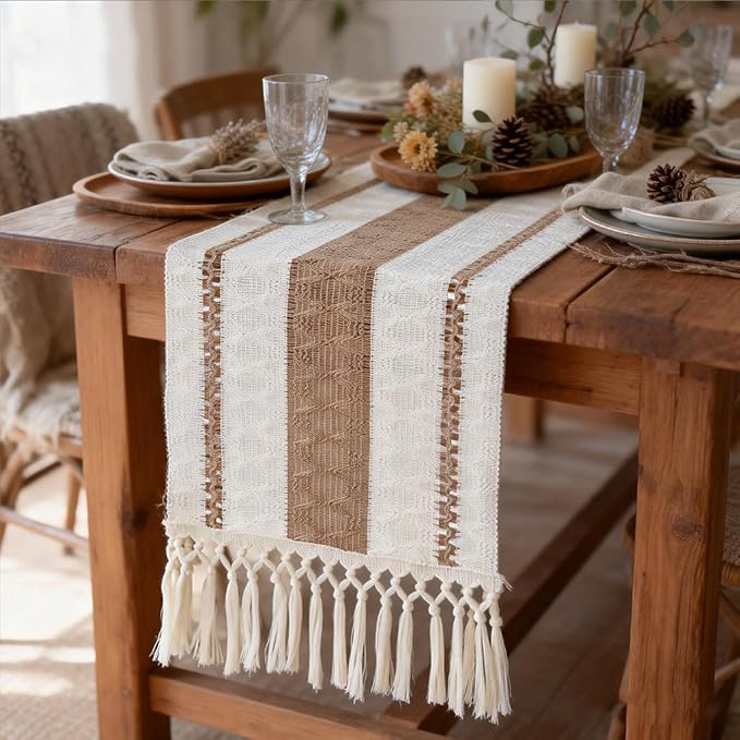 Boho Table Runner with Tassels, Farmhouse Rustic Macrame Table Runners by EphyrosaHome