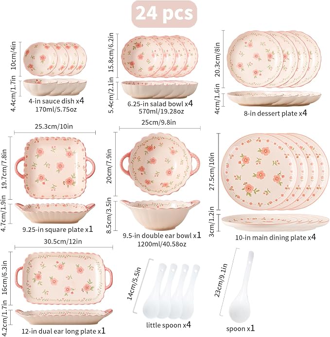 Ceramic Dinnerware Set, Floral Plates and Bowls Sets, Microwave & Dishwasher - Image 3