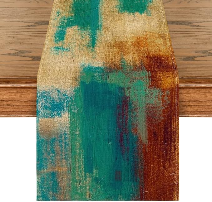 Artoid Mode Brown Blue Abstract Modern Art Table Runner, Seasonal Farmhouse - Image 2