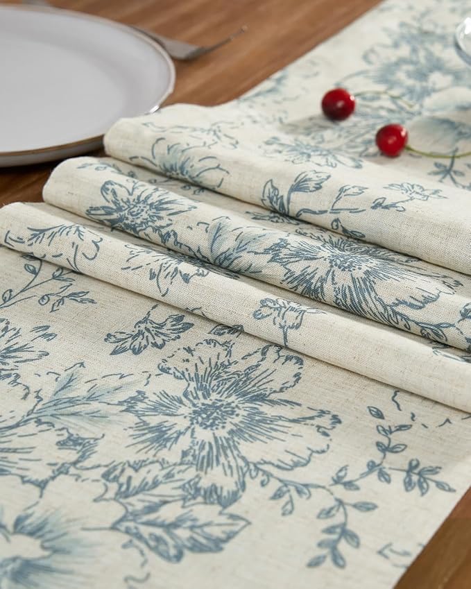 jinchan Blue Floral Linen Table Runner 13 x 90 Inch Farmhouse | Decorative - Image 6