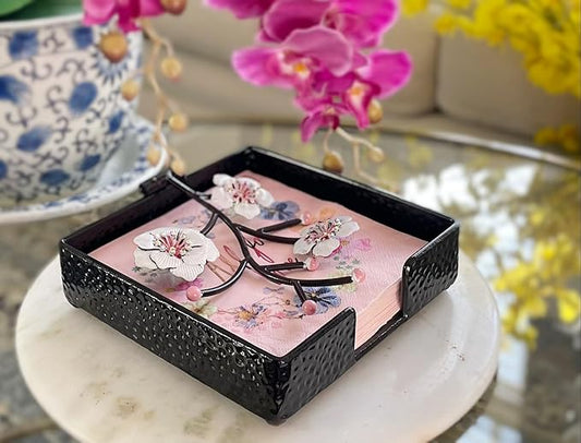 Black Flat Square Napkin Holder with White Pink Orchid Blooms | Orchid Flowers Metal Hinged Weighted Arm | Serviette Paper Hand Towel Storage Caddy Tray Organizer Dispenser | Home Restaurant