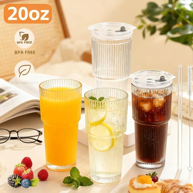 Glass Cups with Lids and Straws, 20oz Ribbed Glass Tumbler - Image 7